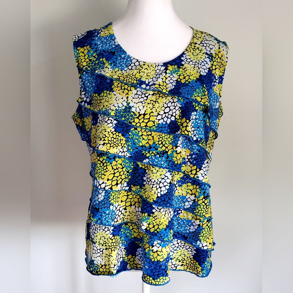 TANJAY Blue & Yellow Floral Tank Top w/ Diagonal Layered Ruffles Ditsy